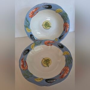 Faiencerie De Gien Belle Ile 2 Soup/ Cereal Bowls Coastal Seafood 7" France